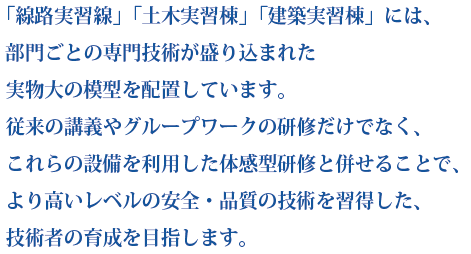 「線路実習線」「土木実習棟」「建築実習棟」には、部門ごとの専門技術が盛り込まれた実物大の模型を配置しています。従来の講義やグループワークの研修だけでなく、これらの設備を利用した体感型研修と併せることで、より高いレベルの安全・品質の技術を習得した、技術者の育成を目指します。